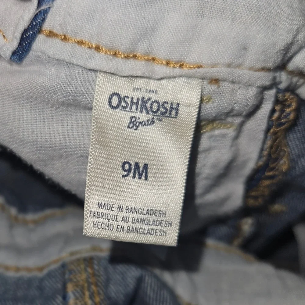 OshKosh B'gosh Baby Girls Blue Denim Overall Jumper Dress 9M Frayed‎ Hem B